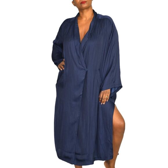 Mable Blazer Dress Blue Navy Satin Silky Oversized Side Slits Baggy Size Medium - Picture 1 of 16